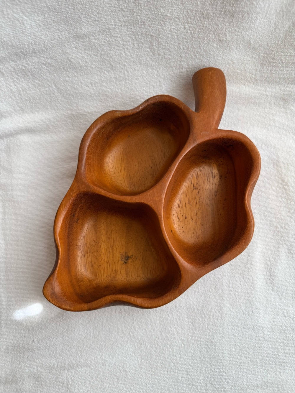 Vintage Monkey Pod Wooden Leaf-Shaped Divided Serving Tray /Trinket Tray